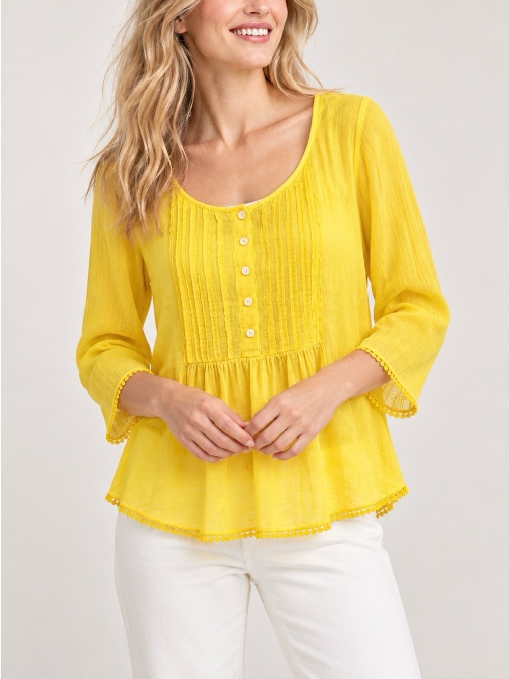 Denim & Supply Ralph Lauren Yellow Cotton Peasant Boho Blouse Lace Trim Size S